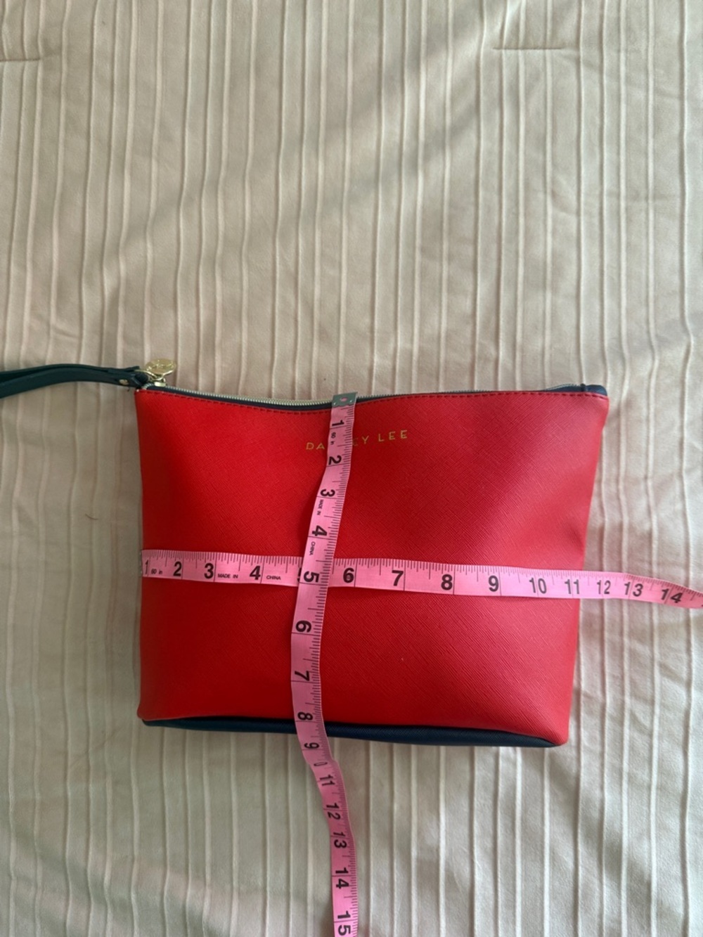Dabney Lee Red Zip Wristlet with Navy Strap toiletries Travel Bag or Make Up Bag - Picture 5 of 9